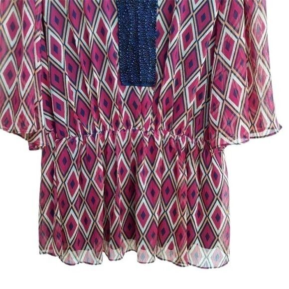 Badgley Mischka Mod Ikat Sheer Kimono Sleeve Beaded V-neck Cinched Top Red Sz L - Picture 6 of 16